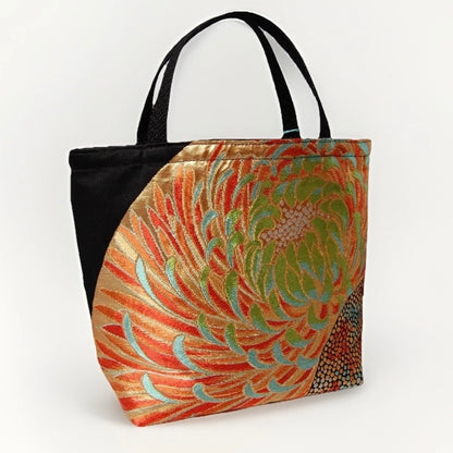 Rangiku 乱菊 Chrysanthemum Vintage Obi Silk Tote in Gold Green