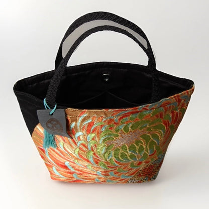Rangiku 乱菊 Chrysanthemum Vintage Obi Silk Tote in Gold Green