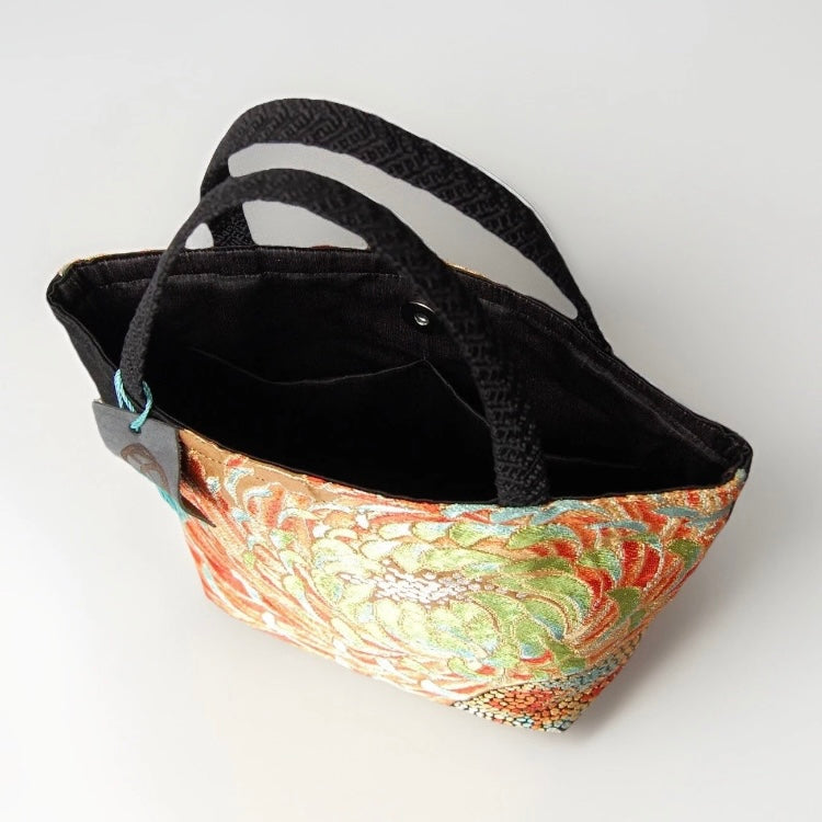 Rangiku 乱菊 Chrysanthemum Vintage Obi Silk Tote in Gold Green