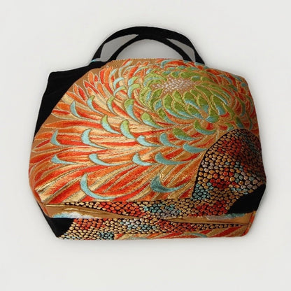 Rangiku 乱菊 Chrysanthemum Vintage Obi Silk Tote in Gold Green