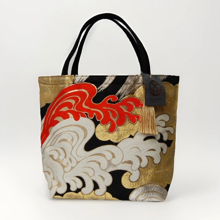 Vintage Fukuro Obi Mini Tote Bag — Kumodori Clouds & Tatsu-Nami Waves on Black Silk