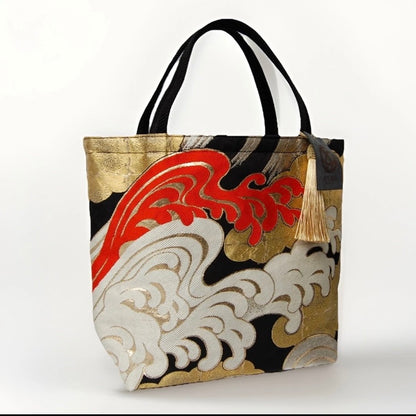 Vintage Fukuro Obi Mini Tote Bag — Kumodori Clouds & Tatsu-Nami Waves on Black Silk