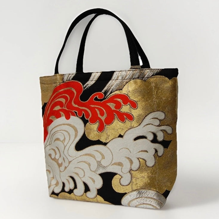 Vintage Fukuro Obi Mini Tote Bag — Kumodori Clouds & Tatsu-Nami Waves on Black Silk
