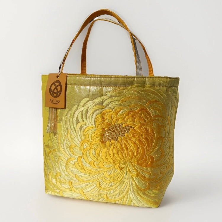 Rangiku 乱菊 Chrysanthemum Vintage Obi Silk Tote in Yellow Gold
