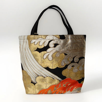 Vintage Fukuro Obi Mini Tote Bag — Kumodori Clouds & Tatsu-Nami Waves on Black Silk