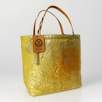 Rangiku 乱菊 Chrysanthemum Vintage Obi Silk Tote in Yellow Gold