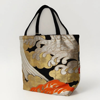 Vintage Fukuro Obi Mini Tote Bag — Kumodori Clouds & Tatsu-Nami Waves on Black Silk