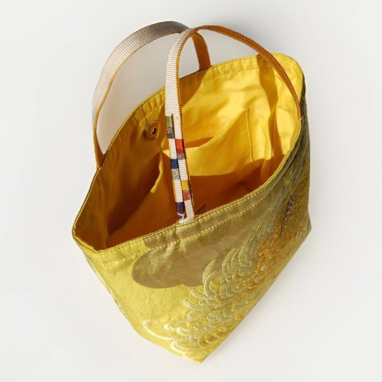 Rangiku 乱菊 Chrysanthemum Vintage Obi Silk Tote in Yellow Gold