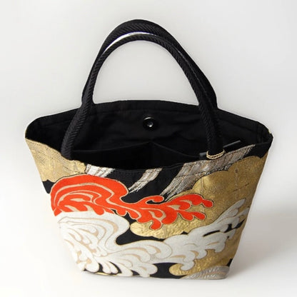 Vintage Fukuro Obi Mini Tote Bag — Kumodori Clouds & Tatsu-Nami Waves on Black Silk