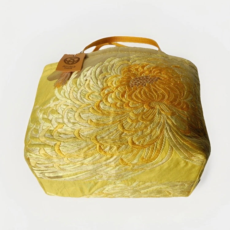 Rangiku 乱菊 Chrysanthemum Vintage Obi Silk Tote in Yellow Gold