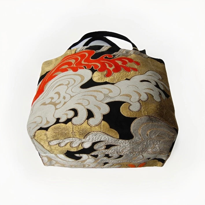 Vintage Fukuro Obi Mini Tote Bag — Kumodori Clouds & Tatsu-Nami Waves on Black Silk