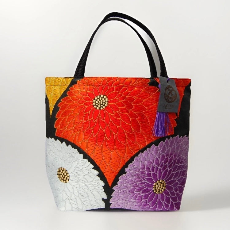Kiku-zukushi 菊尽くし Vintage Obi Silk Tote in Black Multi