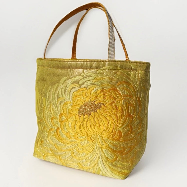 Rangiku 乱菊 Chrysanthemum Vintage Obi Silk Tote in Yellow Gold
