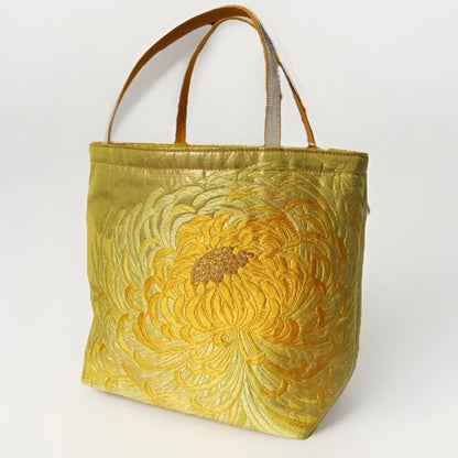 Rangiku 乱菊 Chrysanthemum Vintage Obi Silk Tote in Yellow Gold