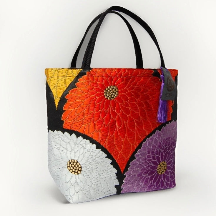 Kiku-zukushi 菊尽くし Vintage Obi Silk Tote in Black Multi