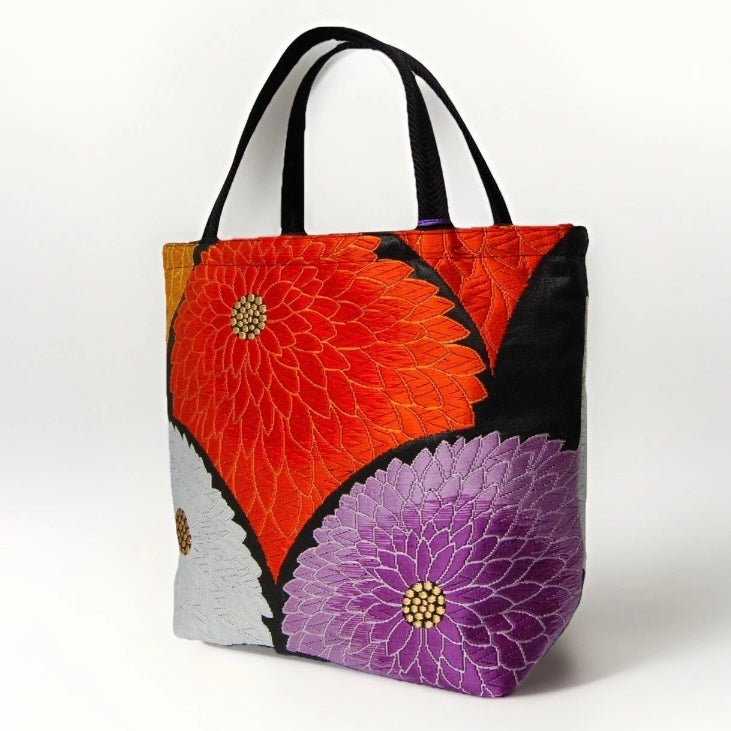 Kiku-zukushi 菊尽くし Vintage Obi Silk Tote in Black Multi