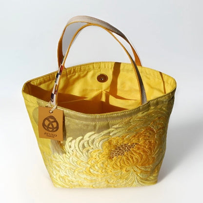 Rangiku 乱菊 Chrysanthemum Vintage Obi Silk Tote in Yellow Gold