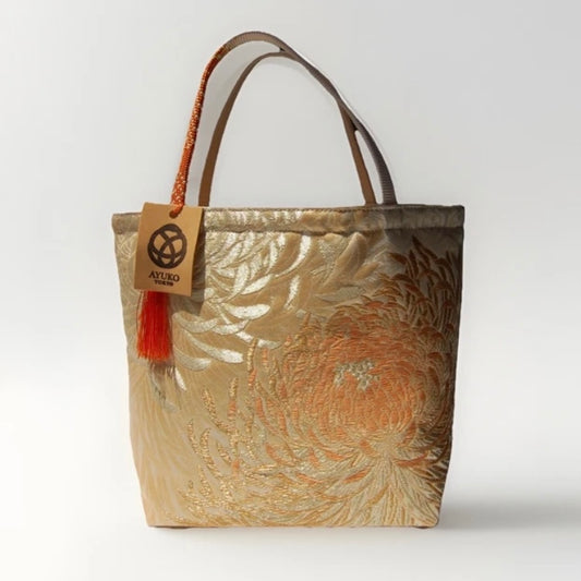 Rangiku 乱菊 Chrysanthemum Vintage Obi Silk Tote in Beige Gold