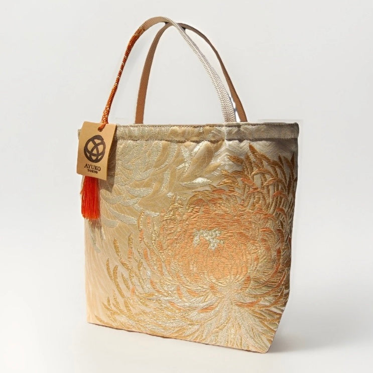 Rangiku 乱菊 Chrysanthemum Vintage Obi Silk Tote in Beige Gold