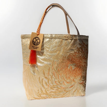 Rangiku 乱菊 Chrysanthemum Vintage Obi Silk Tote in Beige Gold