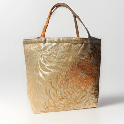 Rangiku 乱菊 Chrysanthemum Vintage Obi Silk Tote in Beige Gold