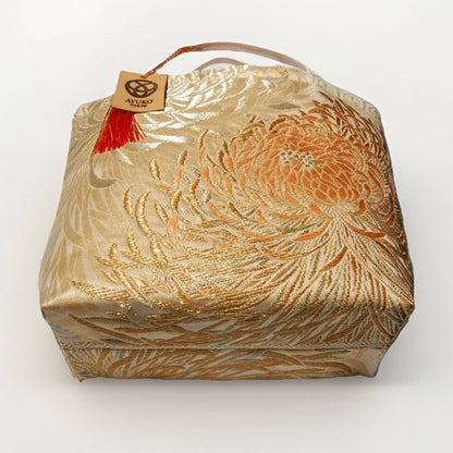 Rangiku 乱菊 Chrysanthemum Vintage Obi Silk Tote in Beige Gold