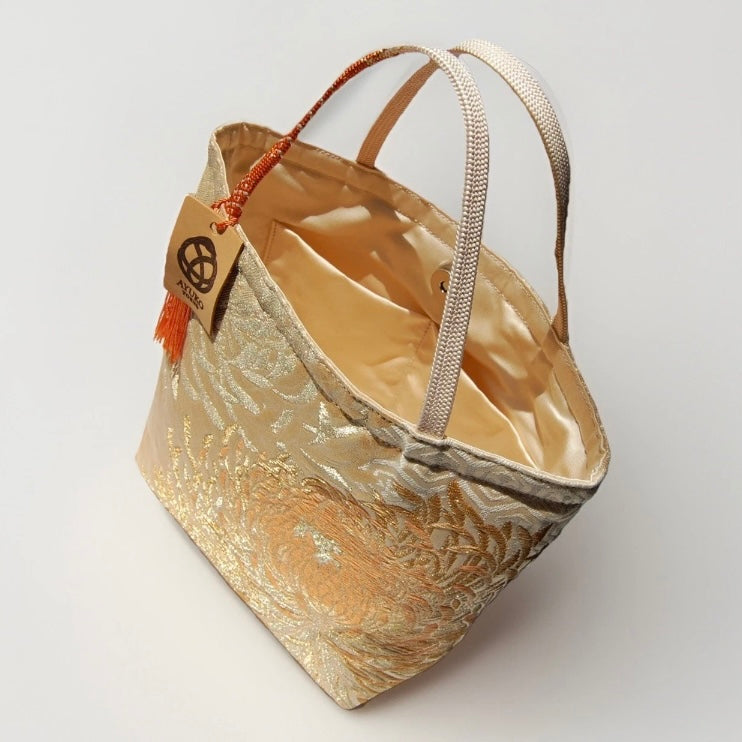 Rangiku 乱菊 Chrysanthemum Vintage Obi Silk Tote in Beige Gold