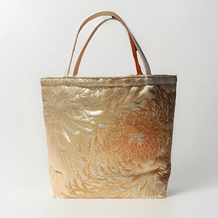 Rangiku 乱菊 Chrysanthemum Vintage Obi Silk Tote in Beige Gold