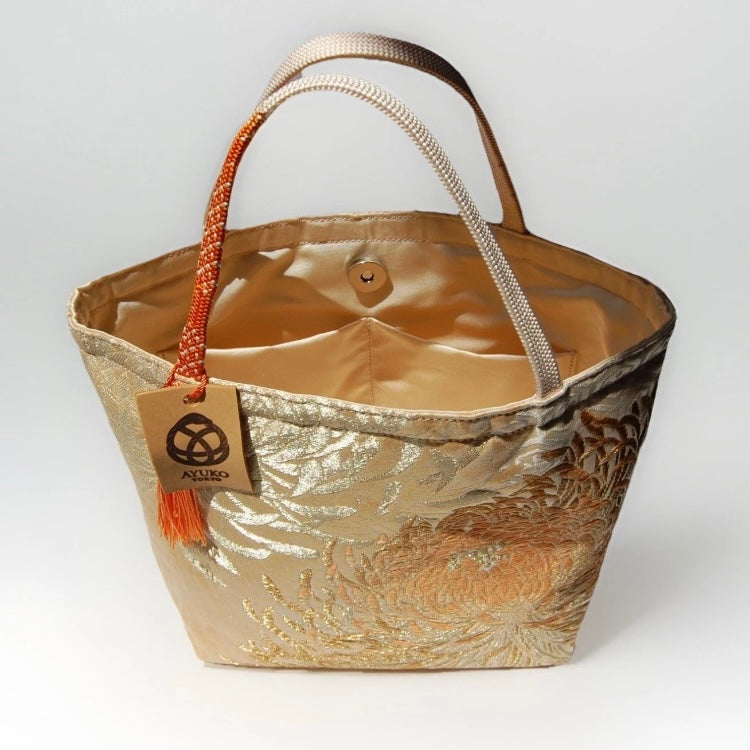 Rangiku 乱菊 Chrysanthemum Vintage Obi Silk Tote in Beige Gold