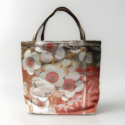 Vintage Fukuro Obi Mini Tote Bag — White & Pink Plum Blossom on Matcha Green Silk