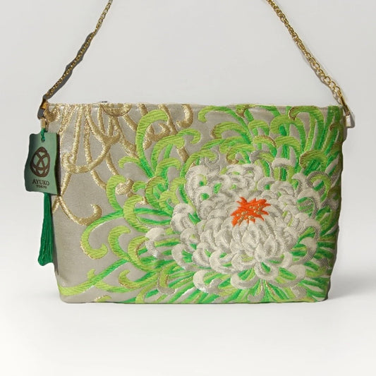 Vintage Fukuro Obi Shoulder Bag — Lavender Silver Ran-Giku Silk