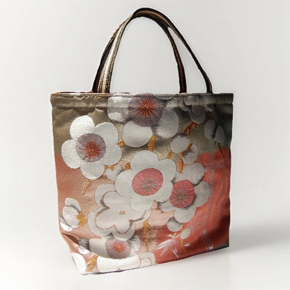 Vintage Fukuro Obi Mini Tote Bag — White & Pink Plum Blossom on Matcha Green Silk