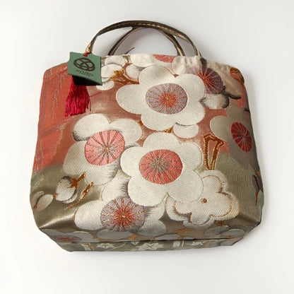 Vintage Fukuro Obi Mini Tote Bag — White & Pink Plum Blossom on Matcha Green Silk