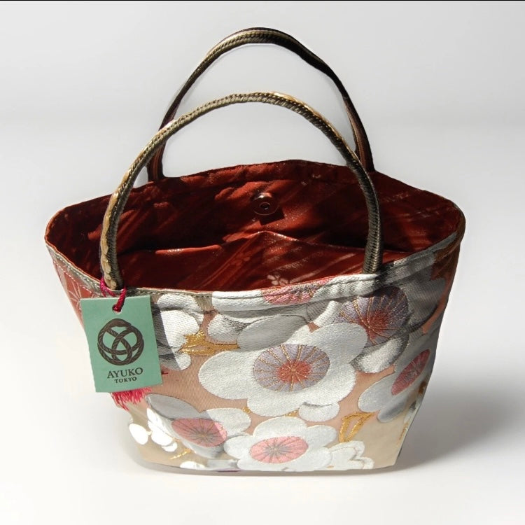 Vintage Fukuro Obi Mini Tote Bag — White & Pink Plum Blossom on Matcha Green Silk