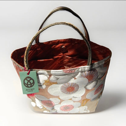 Vintage Fukuro Obi Mini Tote Bag — White & Pink Plum Blossom on Matcha Green Silk