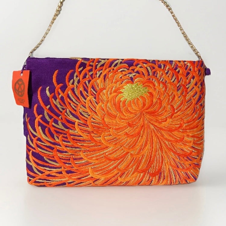 Vintage Fukuro Obi Shoulder Bag — Purple & Orange Ran-Giku Silk