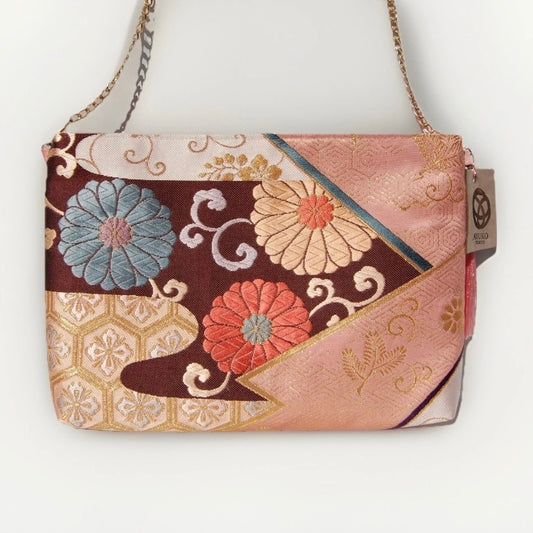 Vintage Fukuro Obi Shoulder Bag — Pink Kikko & Chrysanthemum Silk