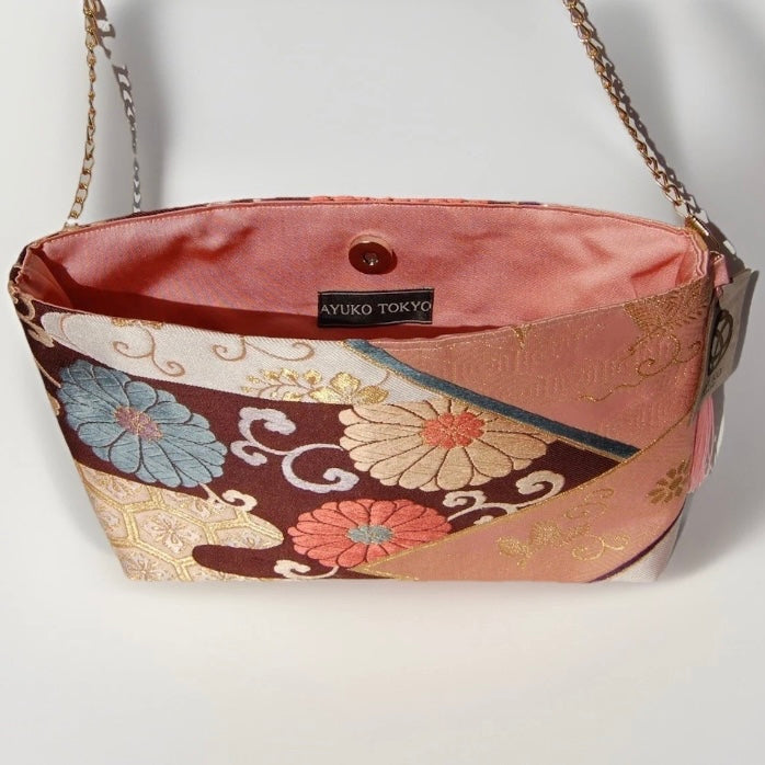 Vintage Fukuro Obi Shoulder Bag — Pink Kikko & Chrysanthemum Silk