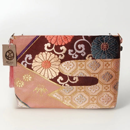 Vintage Fukuro Obi Shoulder Bag — Pink Kikko & Chrysanthemum Silk