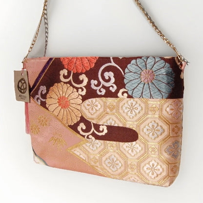 Vintage Fukuro Obi Shoulder Bag — Pink Kikko & Chrysanthemum Silk