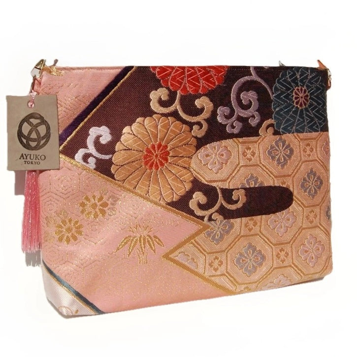 Vintage Fukuro Obi Shoulder Bag — Pink Kikko & Chrysanthemum Silk
