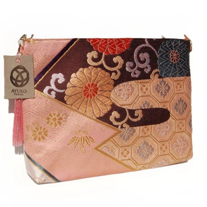 Vintage Fukuro Obi Shoulder Bag — Pink Kikko & Chrysanthemum Silk