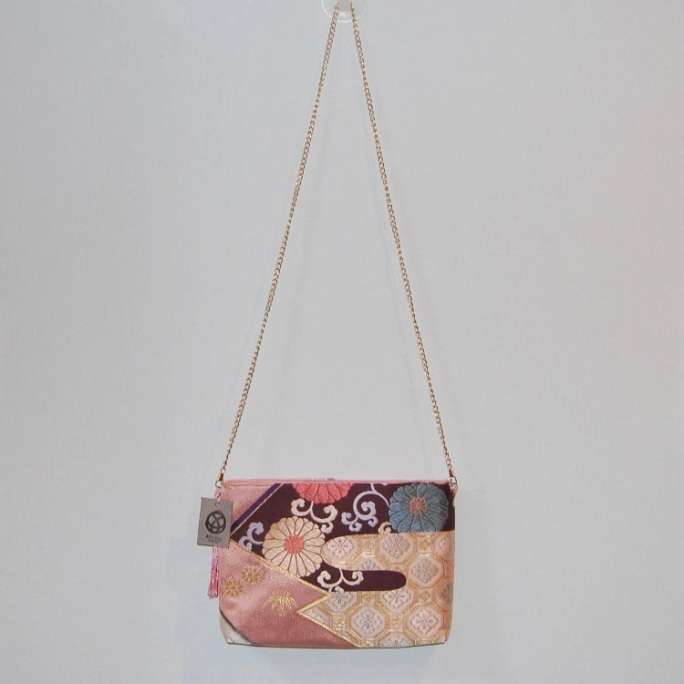 Vintage Fukuro Obi Shoulder Bag — Pink Kikko & Chrysanthemum Silk
