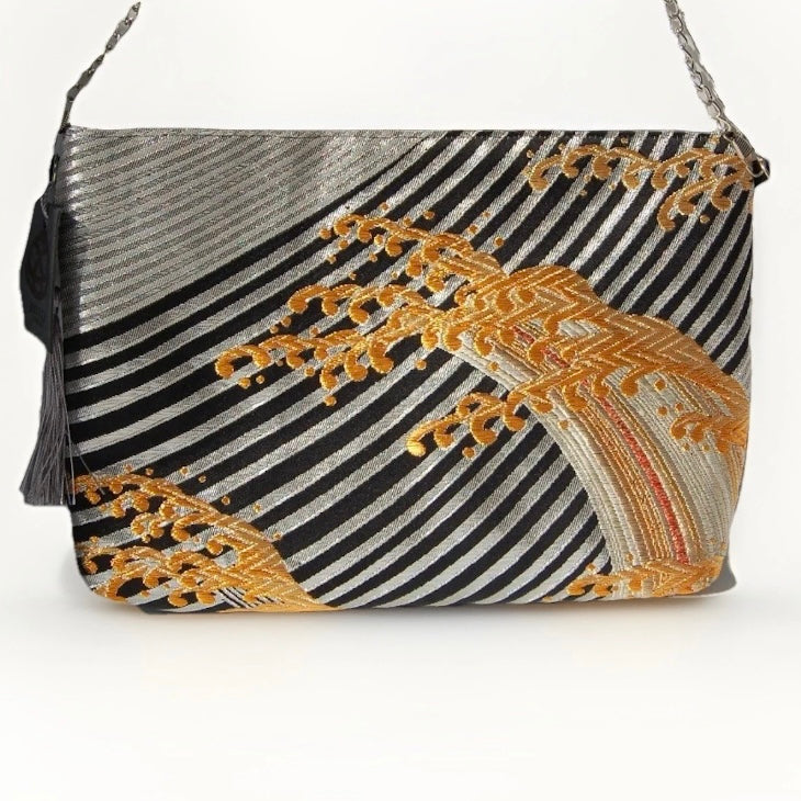 Vintage Nishijin-Ori Fukuro Obi Shoulder Bag — Gold Tate-Nami Wave Silk