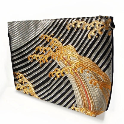 Vintage Nishijin-Ori Fukuro Obi Shoulder Bag — Gold Tate-Nami Wave Silk