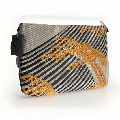 Vintage Nishijin-Ori Fukuro Obi Shoulder Bag — Gold Tate-Nami Wave Silk