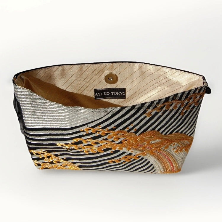 Vintage Nishijin-Ori Fukuro Obi Shoulder Bag — Gold Tate-Nami Wave Silk