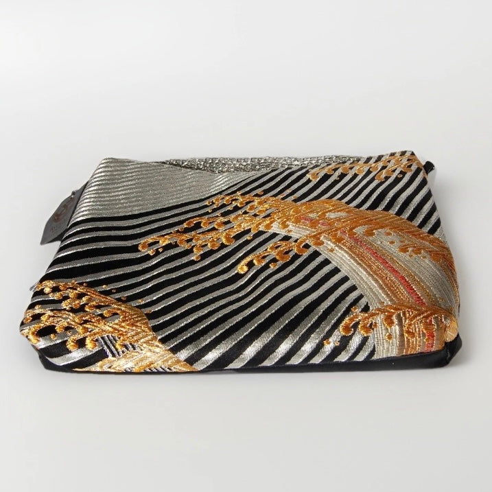Vintage Nishijin-Ori Fukuro Obi Shoulder Bag — Gold Tate-Nami Wave Silk