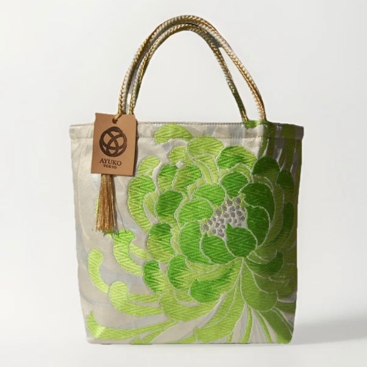 Rangiku 乱菊 Chrysanthemum Vintage Obi Silk Tote in Green Silver