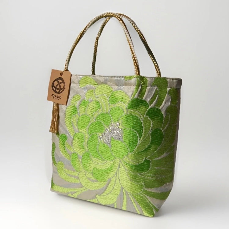 Rangiku 乱菊 Chrysanthemum Vintage Obi Silk Tote in Green Silver
